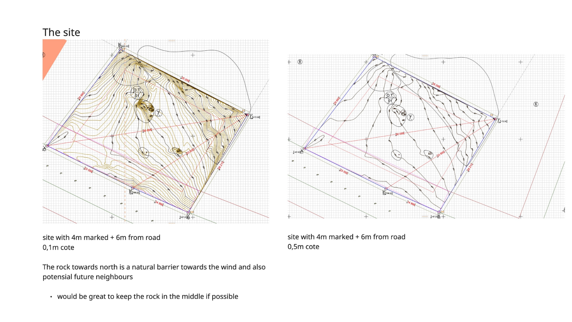 Two site survey diagrams annotated by Johanne Taugbøl with contours, setbacks, the buildable area and the central rock.