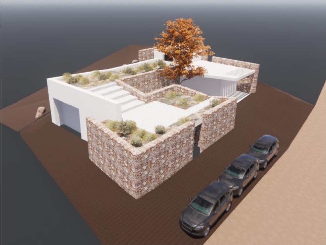Aerial concept view of stepped volumes by REACT Architects.